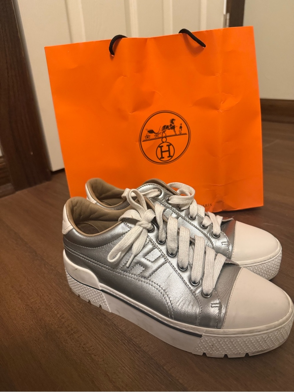 Hermes Silver and White Leather Platform Sneakers - Picture 2 of 8
